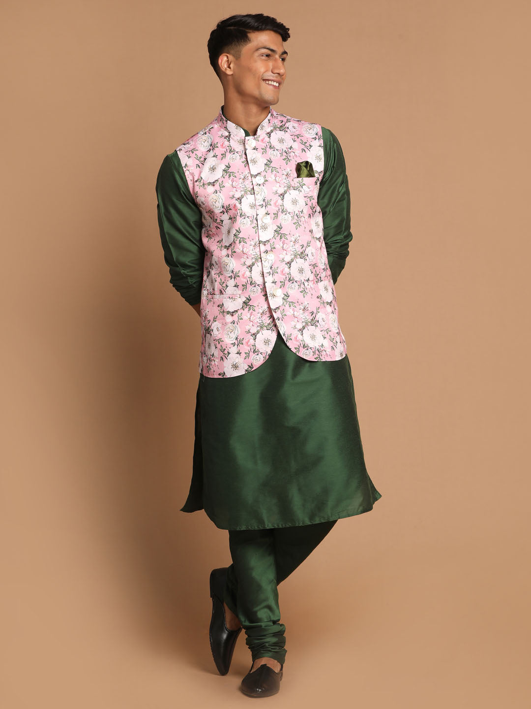 Men's Pink Floral Printed Ethnic Jacket With Green Cotton Silk Blend Kurta Pyjama