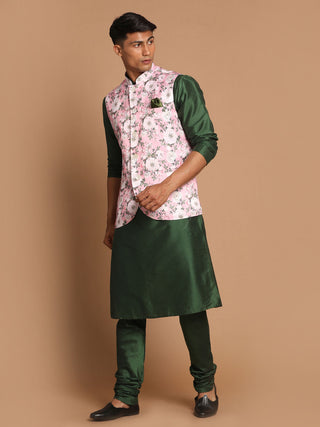 VASTRAMAY Men's Pink Floral Printed Ethnic Jacket With Green Cotton Silk Blend Kurta Pyjama