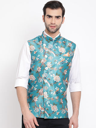 VASTRAMAY Men's Turquoise Digital Printed Royal Angrakha Nehru Jacket