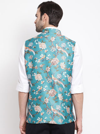 VASTRAMAY Men's Turquoise Digital Printed Royal Angrakha Nehru Jacket