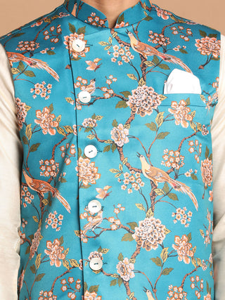 VASTRAMAY Men's Turquoise Digital Printed Royal Angrakha Nehru Jacket With Cream Kurta Pyjama