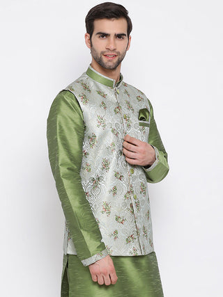 VASTRAMAY Men's Grey & Green Printed Woven Nehru Jacket