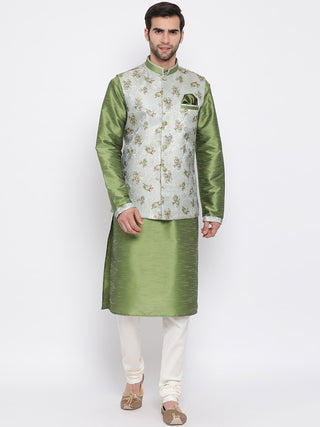 VASTRAMAY Men's Green Floral Jacquard Jacket With Silk Kurta and Pyjama Set
