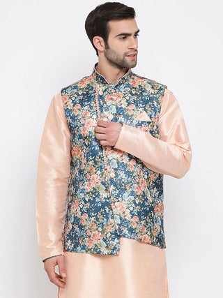 VASTRAMAY Men's Peach And Blue  Printed Woven Nehru Jacket