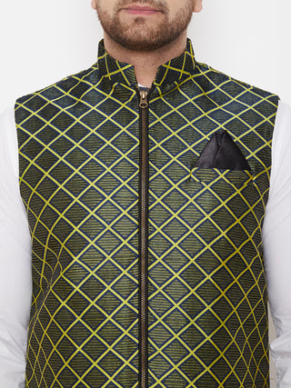 VASTRAMAY Men's Green Jute Cotton Zipper Nehru Jacket