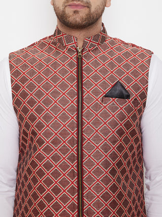 VASTRAMAY Men's Red Jute Cotton Zipper Nehru Jacket