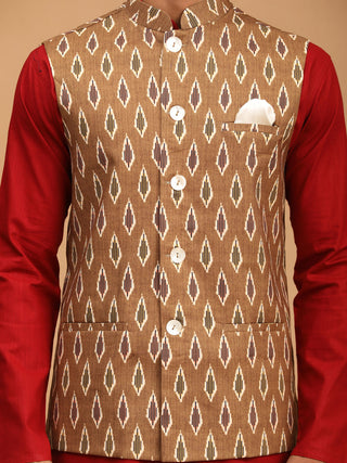 VASTRAMAY Men's Green Printed Cotton Nehru Jacket With Maroon Kurta And White Pyjama Set