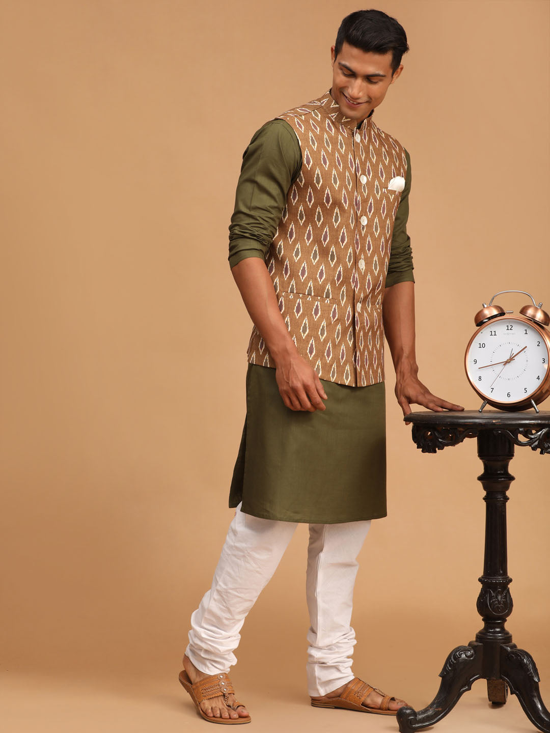 Men's Green Printed Cotton Nehru Jacket With Mehdi Green Kurta And White Pyjama Set
