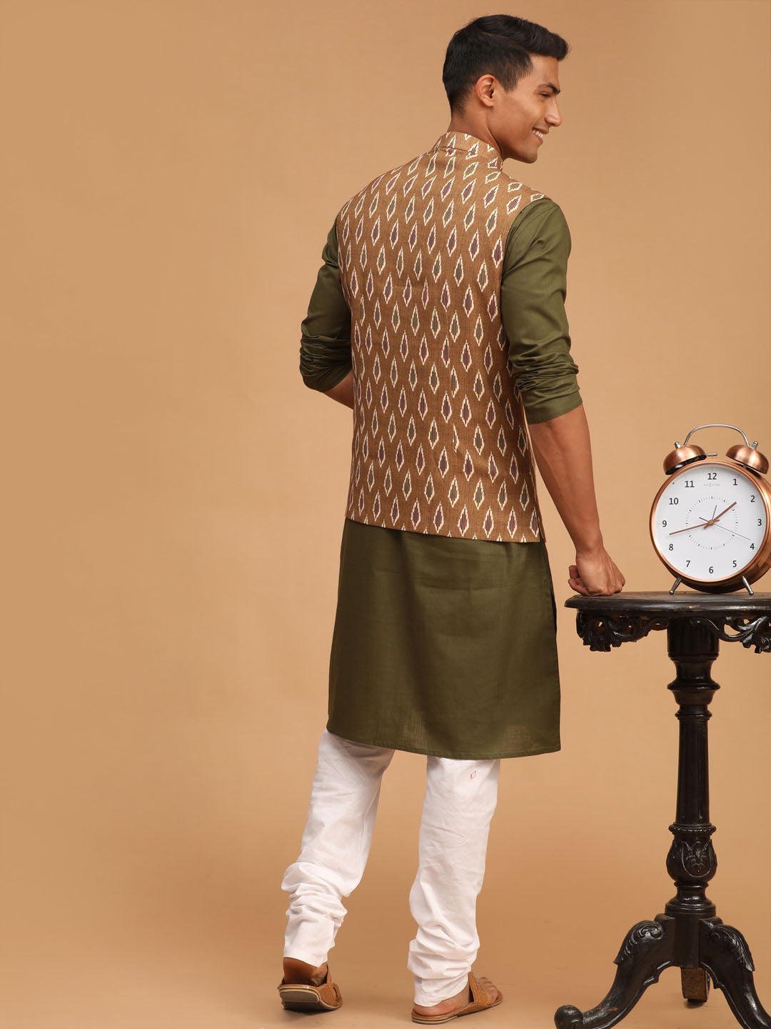 Men's Green Printed Cotton Nehru Jacket With Mehdi Green Kurta And White Pyjama Set