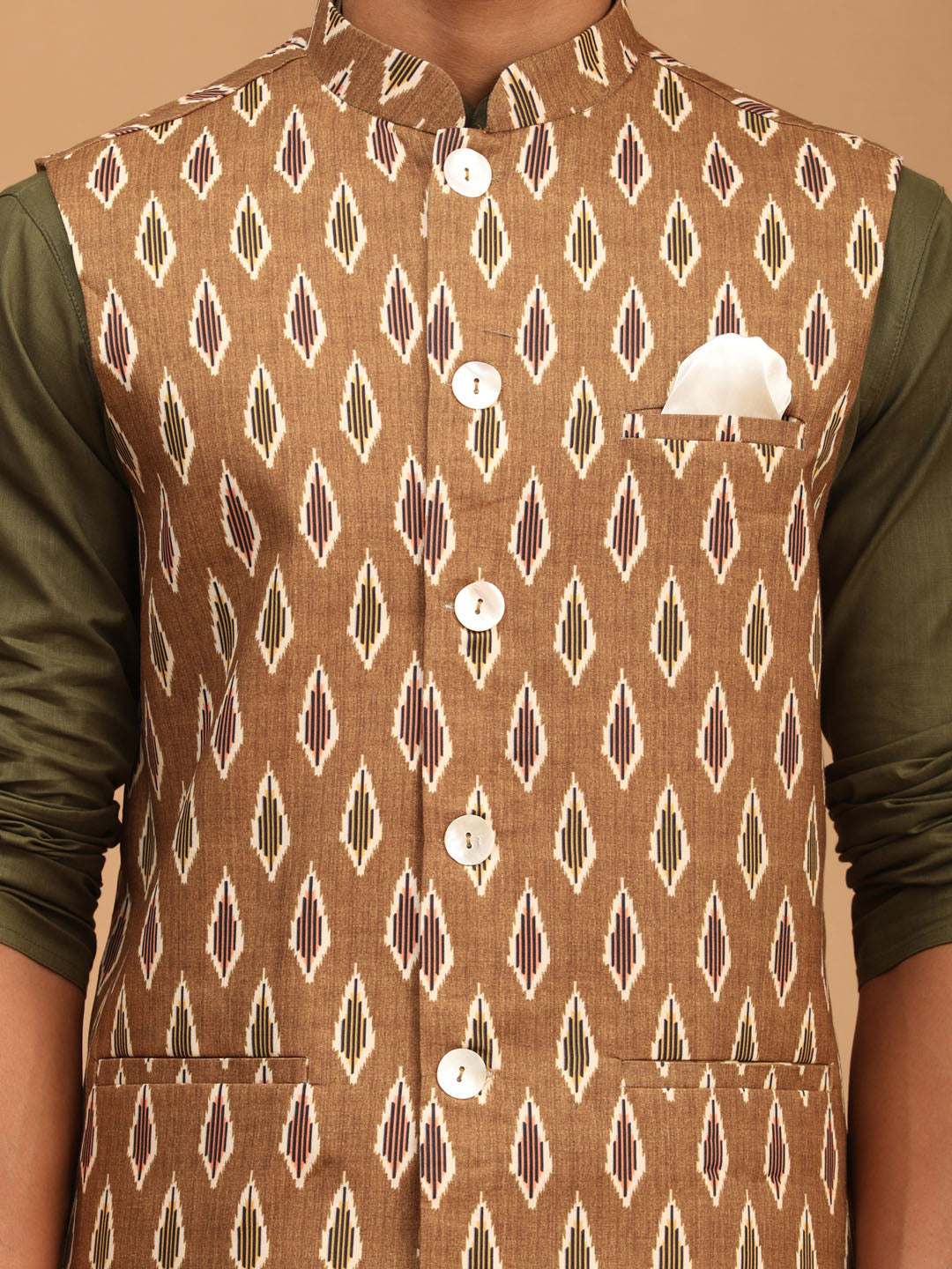 Men's Green Printed Cotton Nehru Jacket With Mehdi Green Kurta And White Pyjama Set