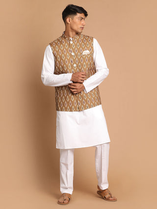 VASTRAMAY Men's Multicolour-Base-Green Cotton Nehru Jacket  With White Pant