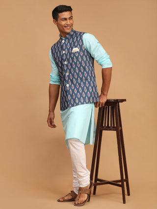 VASTRAMAY Men's Grey Printed Cotton Nehru Jacket With Aqua Kurta And White Pyjama Set
