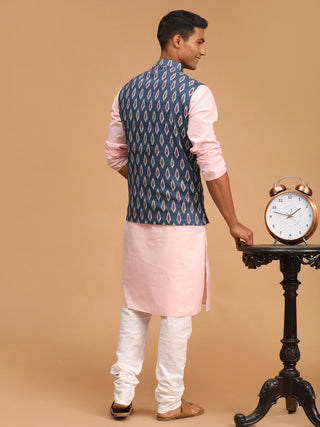 VASTRAMAY Men's Gray Printed Cotton Nehru Jacket With Pink Kurta And White Pyjama Set