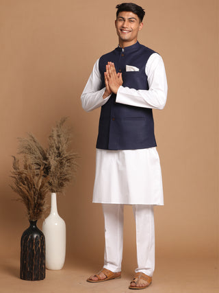 VASTRAMAY  Navy Blue Cotton Blend Nehru Jacket
