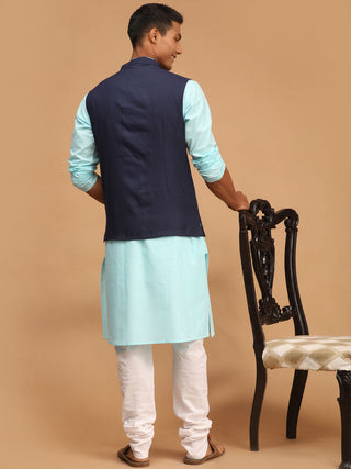 VASTRAMAY Men's Navy Blue Solid Cotton Nehru Jacket With Aqua Blue Kurta And White Pyjama Set