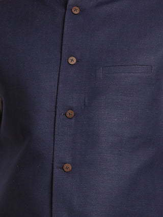 VASTRAMAY Men's Navy Blue Solid Cotton Nehru Jacket With Aqua Blue Kurta And White Pyjama Set