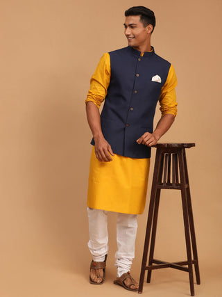 VASTRAMAY Men's Navy Blue Solid Cotton Nehru Jacket With Mustard Kurta And White Pyjama Set
