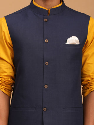 VASTRAMAY Men's Navy Blue Solid Cotton Nehru Jacket With Mustard Kurta And White Pyjama Set