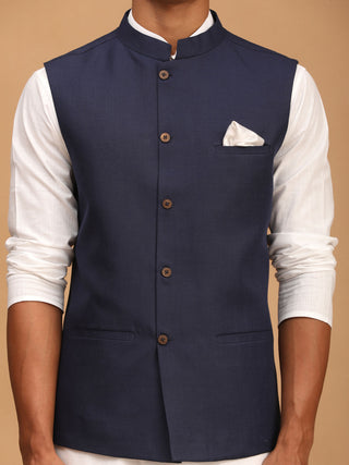 VASTRAMAY Men's Navy Blue Solid Cotton Nehru Jacket With White Kurta And Pyjama Set