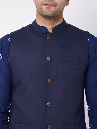 VASTRAMAY Men's Cotton Kurta And Pyjama With Navy Blue Solid Nehru Jacket