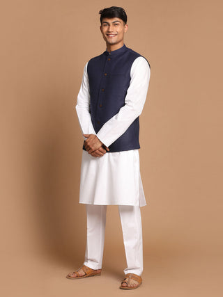VASTRAMAY Men's Navy Blue Cotton Nehru Jacket  With White Kurta and Pant