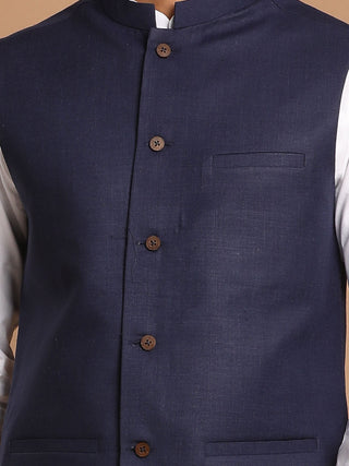 VASTRAMAY Men's Navy Blue Solid Nehru Jacket With White Solid Kurta And White Cotton Pant Style Pyjama Set