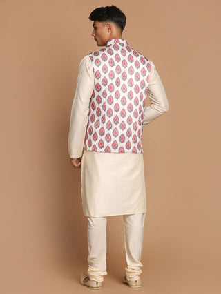 VASTRAMAY Men's White & Red Floral Printed Slim-Fit Satin Nehru Jacket With White Kurta Pyjama