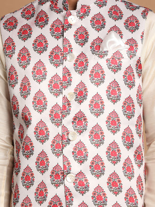 VASTRAMAY Men's White & Red Floral Printed Slim-Fit Satin Nehru Jacket With White Kurta Pyjama
