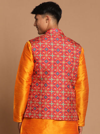VASTRAMAY Men's Maroon Color Patola Print Nehru Jacket