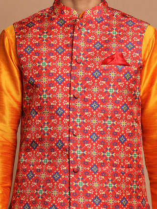 VASTRAMAY Men's Maroon Color Patola Print Nehru Jacket