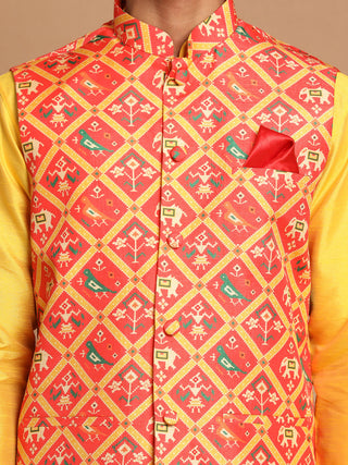 VASTRAMAY Men's Red Patola Print Nehru Jacket