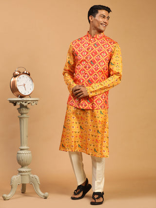 VASTRAMAY Red Patola Print Nehru Jacket With Yellow Printed kurta & Cream Viscose Pant Set
