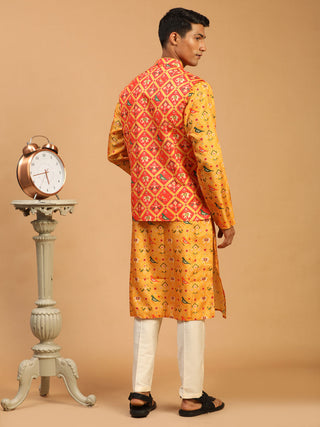 VASTRAMAY Red Patola Print Nehru Jacket With Yellow Printed kurta & Cream Viscose Pant Set