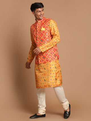 VASTRAMAY Red Patola Print Nehru Jacket With Yellow Printed kurta & Cream Pyjama
