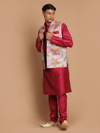 VASTRAMAY Men's Multi-Color Printed Nehru Jacket With Solid Kurta & Pyjama Set