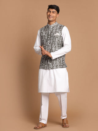 VASTRAMAY Men's Mehendi Green Printed Nehru Jacket With White Solid kurta & Pant Set