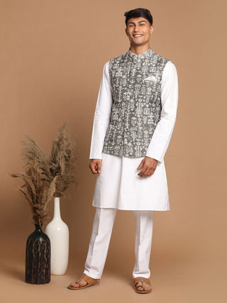 VASTRAMAY Men's Mehendi Green Printed Nehru Jacket With White Solid kurta & Pant Set