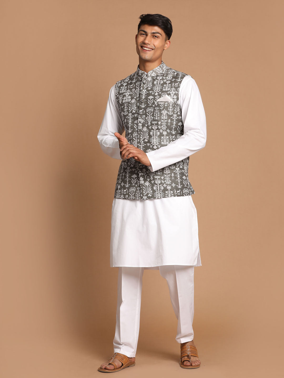 Men's Grey Printed Nehru Jacket With White Solid Kurta & White Cotton Pant Set