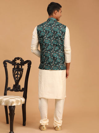 VASTRAMAY Men's Green Printed Nehru Jacket With Cream Solid kurta & Pyjama Set