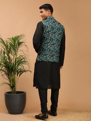 VASTRAMAY Men's Green Printed Nehru Jacket With Black Solid kurta & Pyjama Set