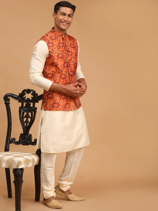 VASTRAMAY Men's Rust Printed Nehru Jacket With Cream Solid kurta & Pyjama Set