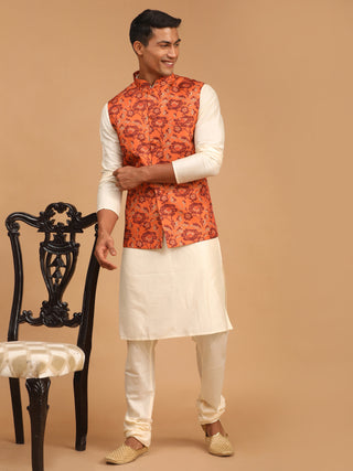 VASTRAMAY Men's Rust Printed Nehru Jacket With Cream Solid kurta & Pyjama Set