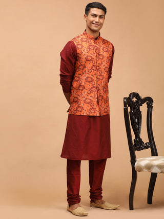 VASTRAMAY Men's Rust Printed Nehru Jacket With Maroon Solid kurta & Pyjama Set