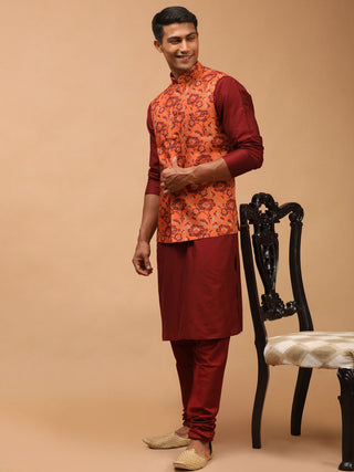 VASTRAMAY Men's Rust Printed Nehru Jacket With Maroon Solid kurta & Pyjama Set