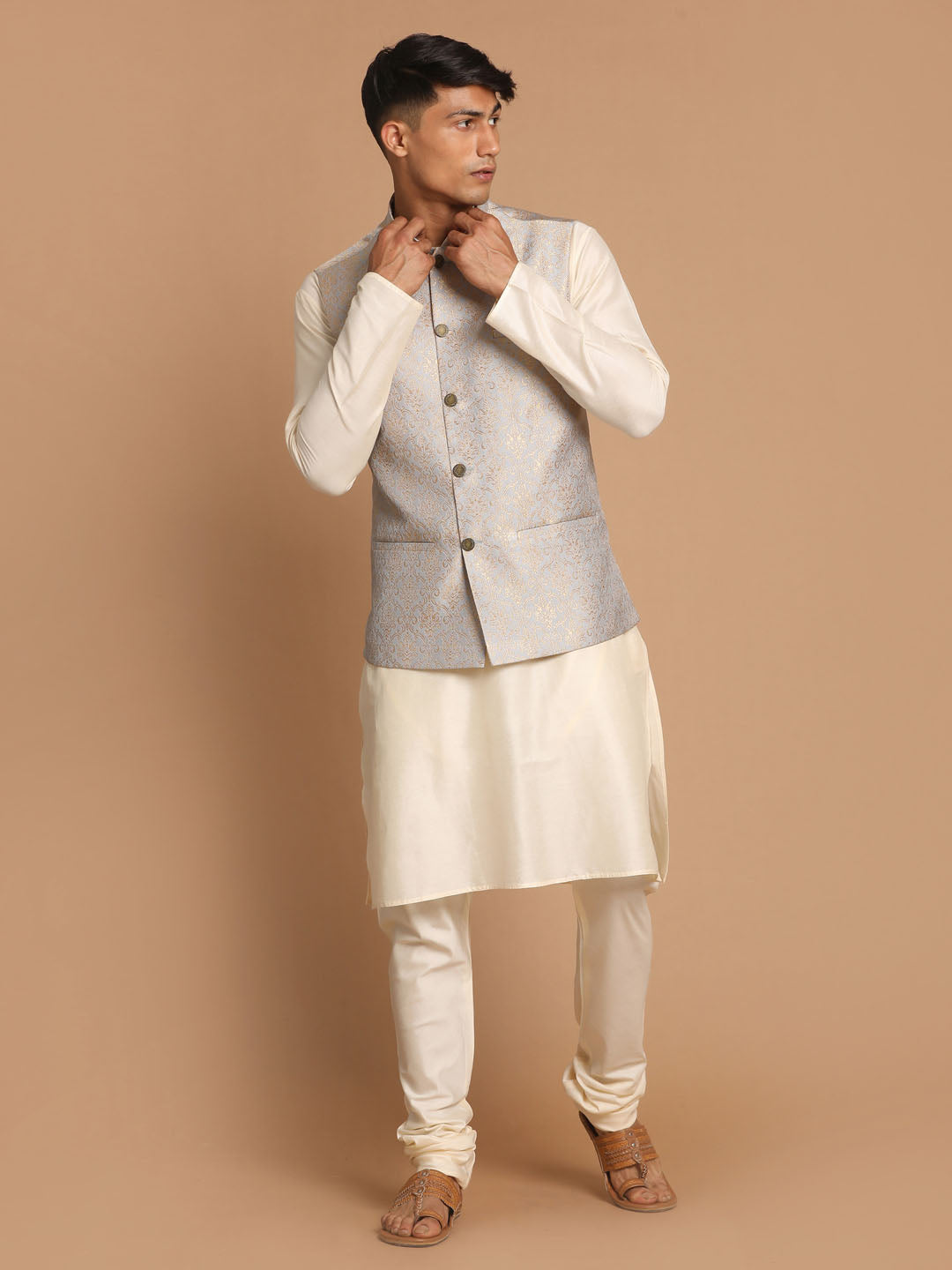 Men's Grey Woven Jacket And Cream Solid Kurta With Pajama Set