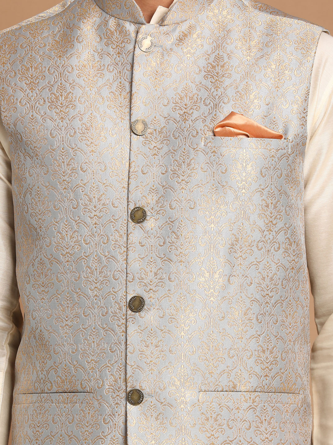 Men's Grey Woven Jacket And Cream Solid Kurta With Pajama Set
