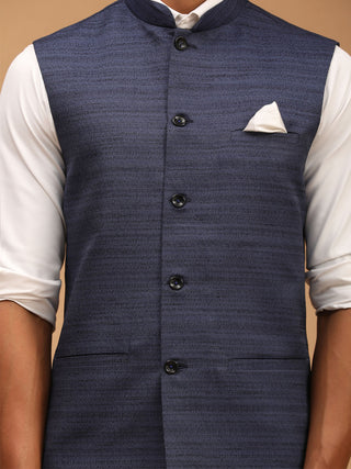 VASTRAMAY Navy Blue Cotton Blend Solid Nehru Jacket