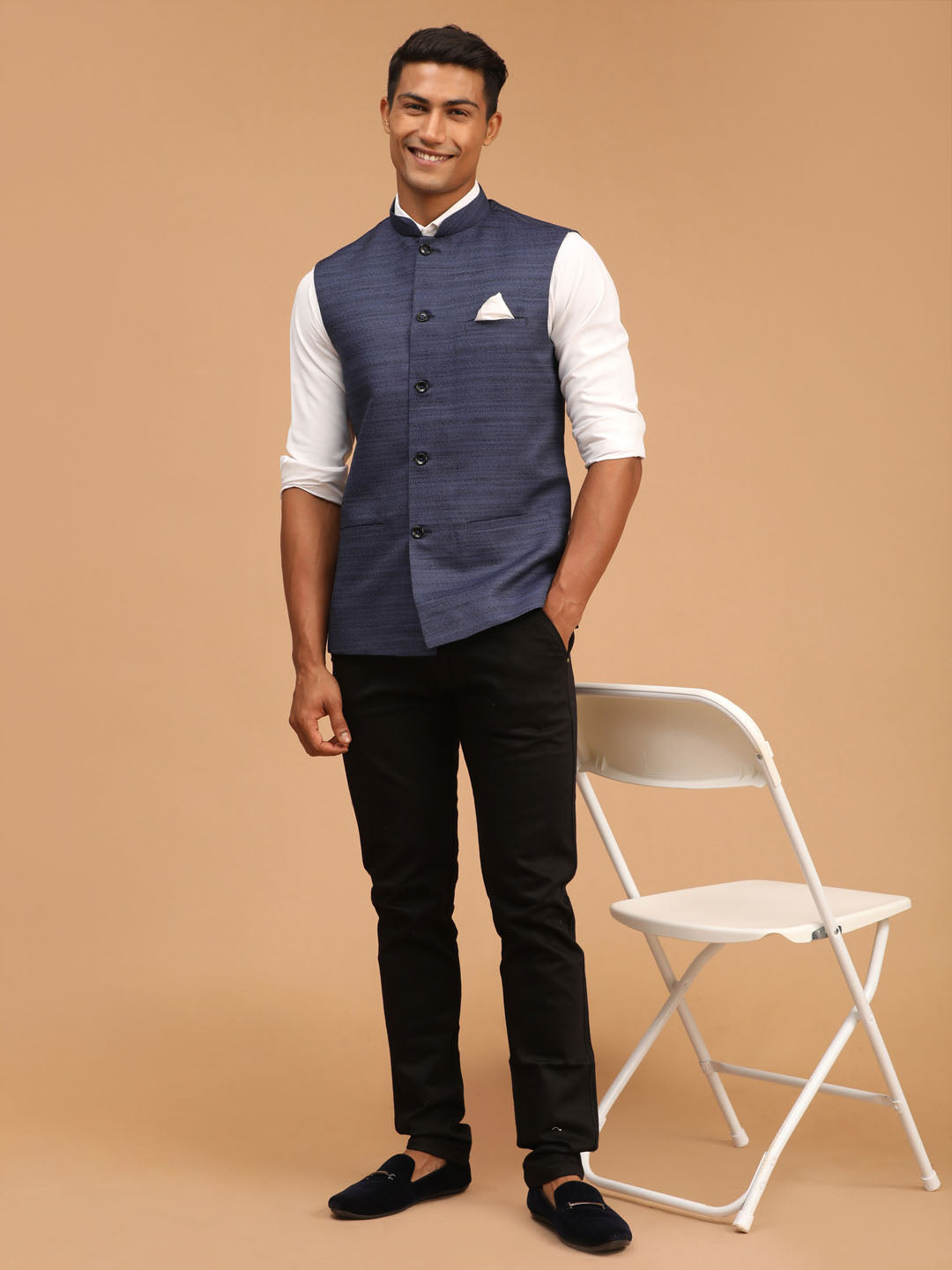 Navy Blue Cotton Blend Solid Nehru Jacket