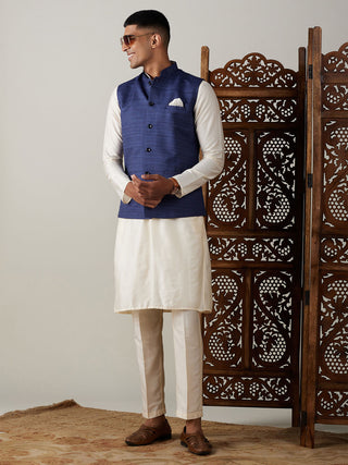 VASTRAMAY Navy Blue Cotton Blend Solid Nehru Jacket With Cream Kurta And Pant Set
