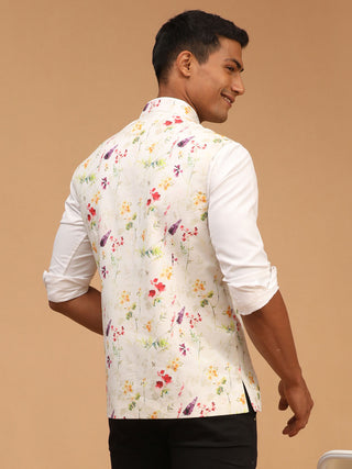 VASTRAMAY Men's Cream Base Multi Printed Cotton blend Nehru Jacket